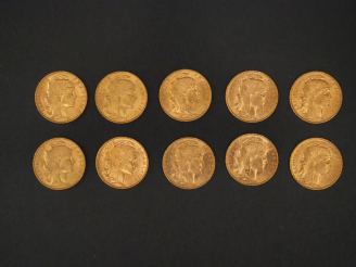 Vente aux enchères Dix pièces de 20 Francs or, 1907. FRAIS ACHETEURS 5% TTC.