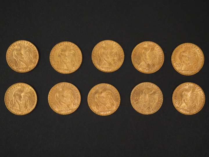 Dix pièces de 20 Francs or, 1907. FRAIS ACHETEURS 5% TTC.