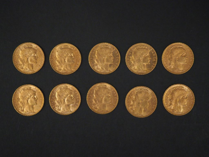 Dix pièces de 20 Francs or, 1907. FRAIS ACHETEURS 5% TTC.