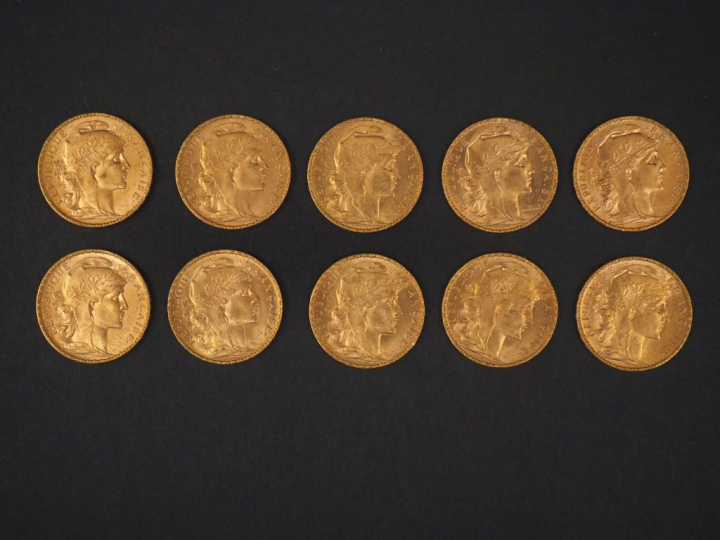Dix pièces de 20 Francs or, 1907. FRAIS ACHETEURS 5% TTC.