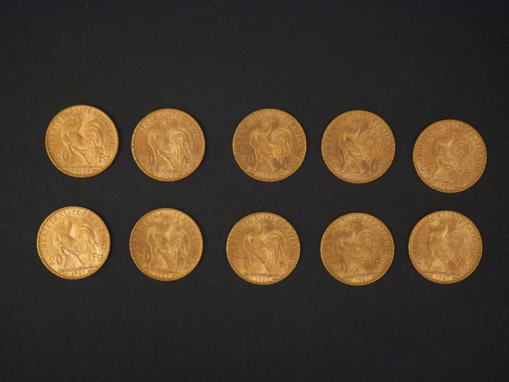Dix pièces de 20 Francs or, 1907. FRAIS ACHETEURS 5% TTC.