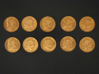 Vente aux enchères Dix pièces de 20 Francs or, 1907. FRAIS ACHETEURS 5% TTC.