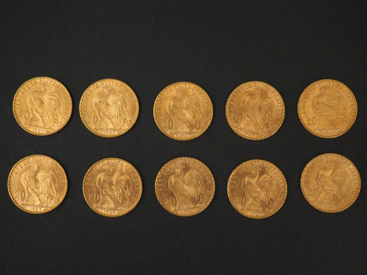 Dix pièces de 20 Francs or, 1907. FRAIS ACHETEURS 5% TTC.