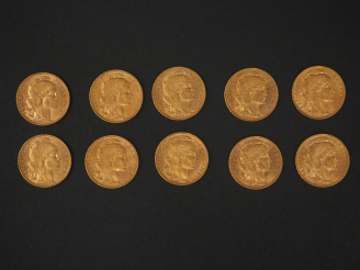 Vente aux enchères Dix pièces de 20 Francs or, 1907. FRAIS ACHETEURS 5% TTC.