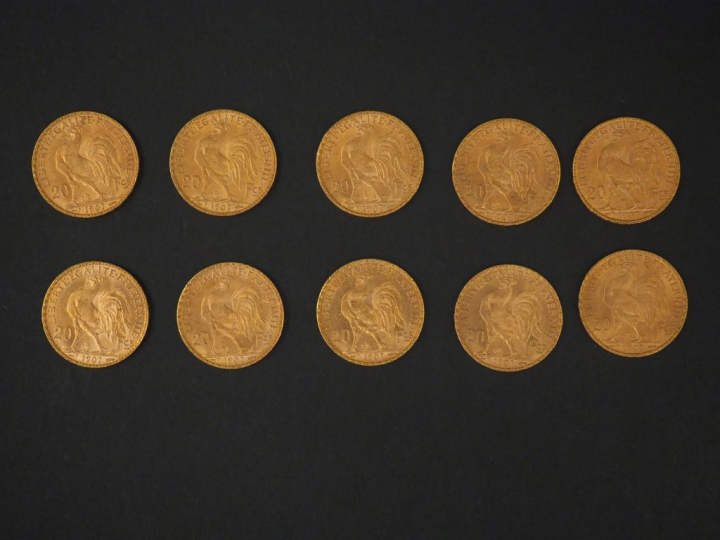 Dix pièces de 20 Francs or, 1907. FRAIS ACHETEURS 5% TTC.