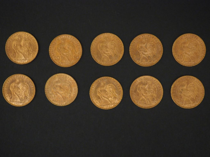 Dix pièces de 20 Francs or, 1907. FRAIS ACHETEURS 5% TTC.