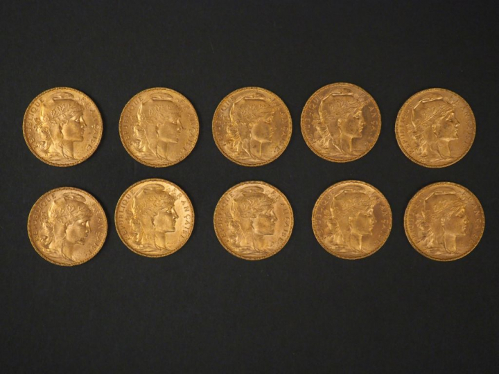 Dix pièces de 20 Francs or, 1907. FRAIS ACHETEURS 5% TTC.