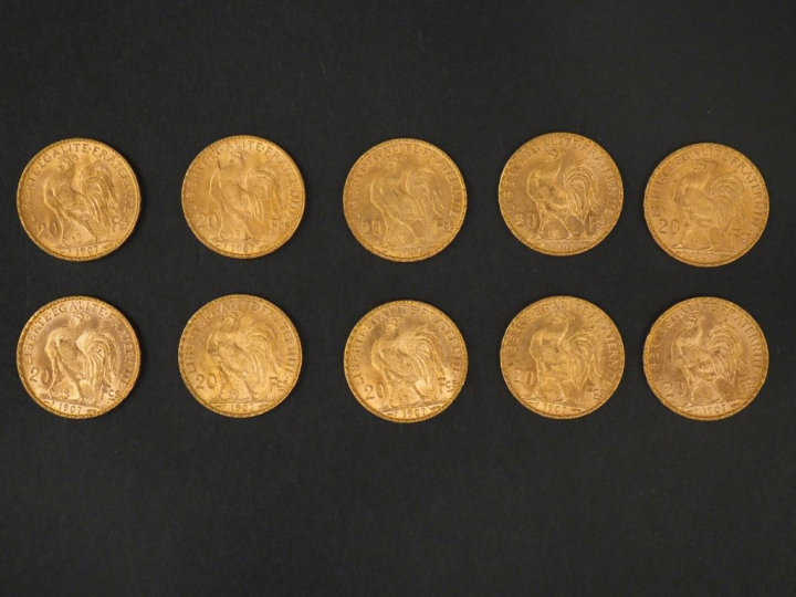 Dix pièces de 20 Francs or, 1907. FRAIS ACHETEURS 5% TTC.