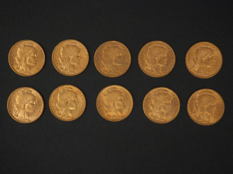 Vente aux enchères Dix pièces de 20 Francs or, 1907. FRAIS ACHETEURS 5% TTC.