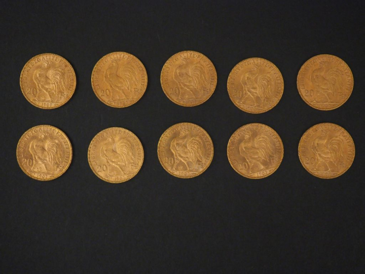 Dix pièces de 20 Francs or, 1907. FRAIS ACHETEURS 5% TTC.