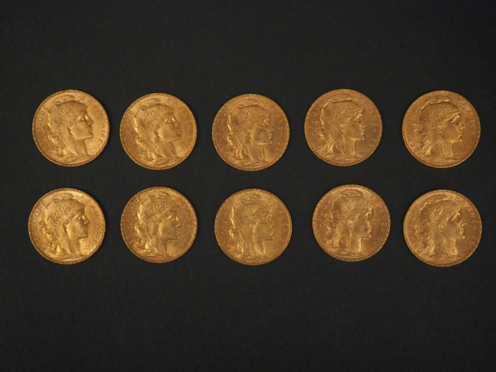 Dix pièces de 20 Francs or, 1909. FRAIS ACHETEURS 5% TTC.