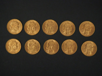 Vente aux enchères Dix pièces de 20 Francs or, 1909. FRAIS ACHETEURS 5% TTC.