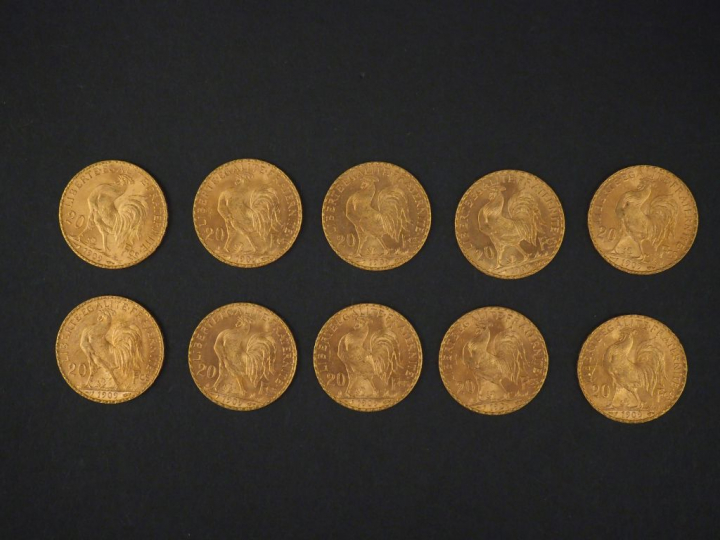 Dix pièces de 20 Francs or, 1909. FRAIS ACHETEURS 5% TTC.