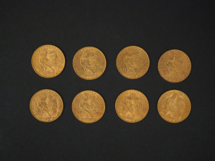 Huit pièces de 20 Francs or, 1910 (x2), 1911, 1912, 1913 (x3) et 1914.