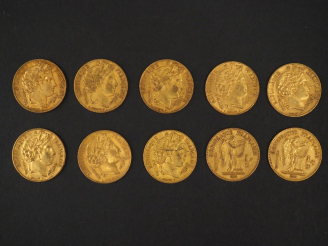 Vente aux enchères Dix pièces de 20 Francs or, 1848-A, 1849-A (x2), 1850-A (x3) et 1851-A