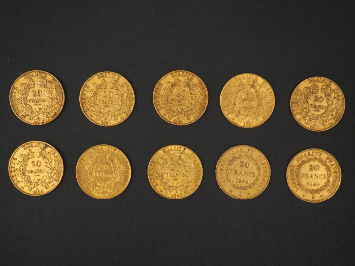 Dix pièces de 20 Francs or, 1848-A, 1849-A (x2), 1850-A (x3) et 1851-A