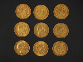 Vente aux enchères Neuf pièces de 20 Francs or, 1851-A (x3) et 1852-A (x6). FRAIS ACHETEU