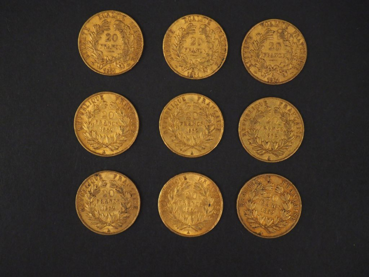 Neuf pièces de 20 Francs or, 1851-A (x3) et 1852-A (x6). FRAIS ACHETEU