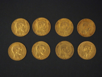 Vente aux enchères Huit pièces de 20 Francs or, 1853-A (x3) et 1854-A (x5). FRAIS ACHETEU