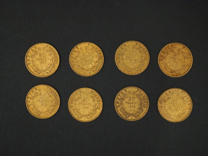 Huit pièces de 20 Francs or, 1853-A (x3) et 1854-A (x5). FRAIS ACHETEU