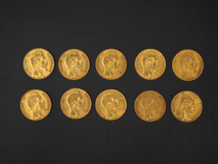 Dix pièces de 20 Francs or, 1855-A (x9) et 1855-BB.  FRAIS ACHETEURS 5