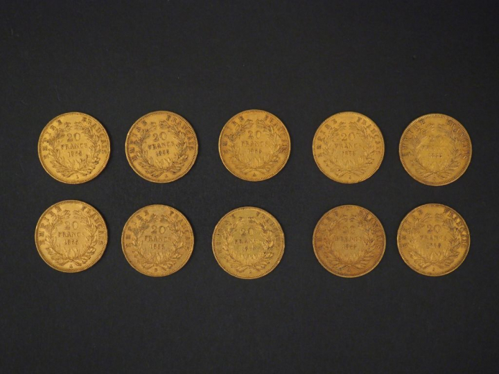 Dix pièces de 20 Francs or, 1855-A (x9) et 1855-BB.  FRAIS ACHETEURS 5
