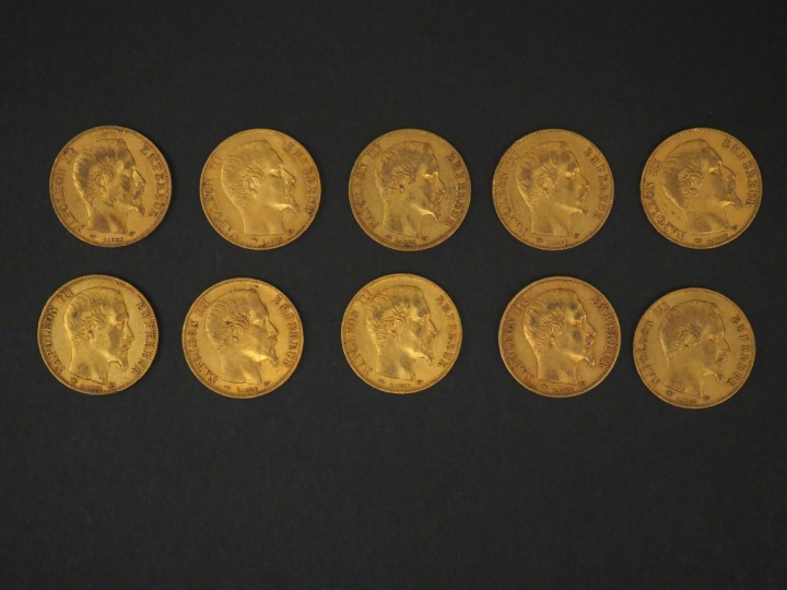 Dix pièces de 20 Francs or, 1857-A. FRAIS ACHETEURS 5% TTC.