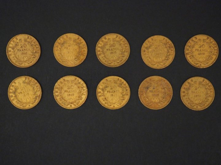 Dix pièces de 20 Francs or, 1857-A. FRAIS ACHETEURS 5% TTC.