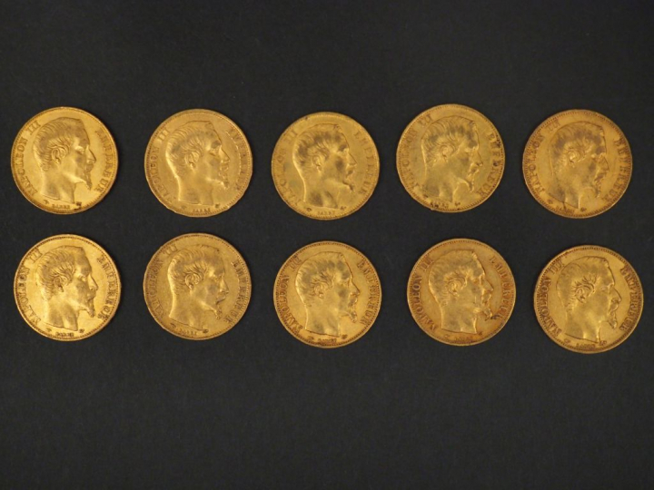Dix pièces de 20 Francs or, 1857-A (x4) et 1858-A (x6). FRAIS ACHETEUR