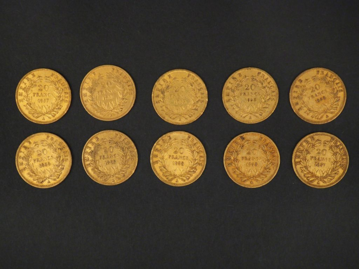 Dix pièces de 20 Francs or, 1857-A (x4) et 1858-A (x6). FRAIS ACHETEUR