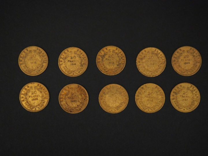 Dix pièces de 20 Francs or,1858-A (x8) et 1858-BB (x2). FRAIS ACHETEUR