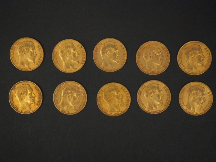 Dix pièces de 20 Francs or, 1858-A (x2) et 1859-A (x8). FRAIS ACHETEUR