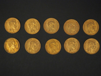 Vente aux enchères Dix pièces de 20 Francs or, 1858-A (x2) et 1859-A (x8). FRAIS ACHETEUR