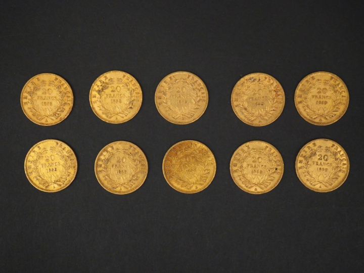 Dix pièces de 20 Francs or, 1858-A (x2) et 1859-A (x8). FRAIS ACHETEUR