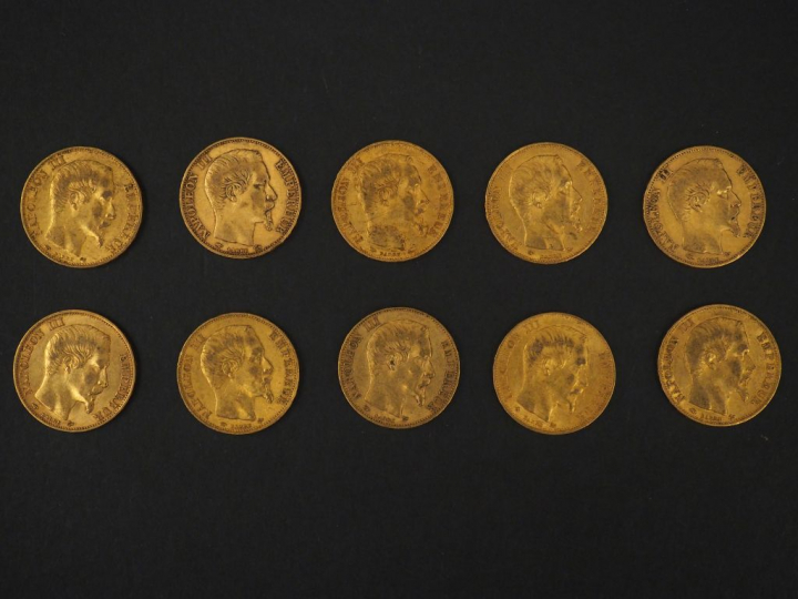 Dix pièces de 20 Francs or, 1859-A (x9) et 1859-BB.  FRAIS ACHETEURS 5