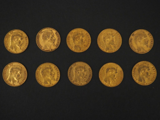 Vente aux enchères Dix pièces de 20 Francs or, 1859-A (x9) et 1859-BB.  FRAIS ACHETEURS 5