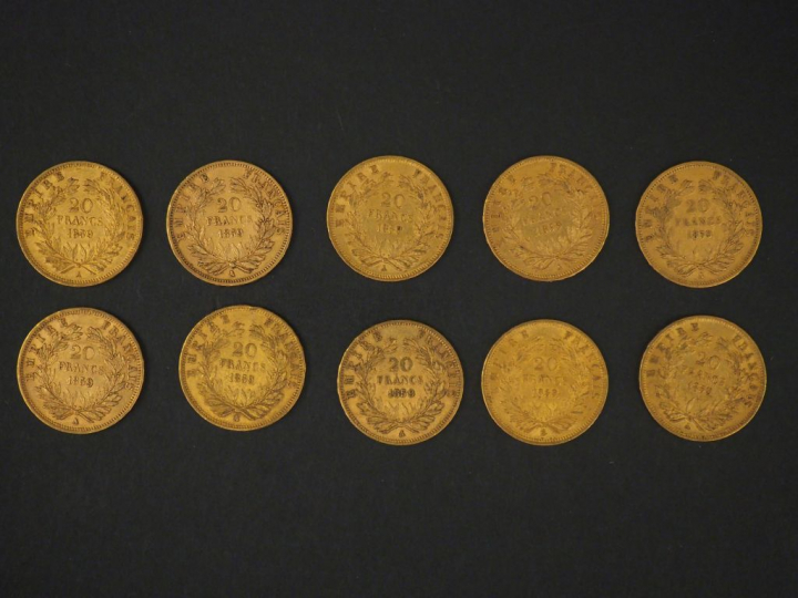Dix pièces de 20 Francs or, 1859-A (x9) et 1859-BB.  FRAIS ACHETEURS 5
