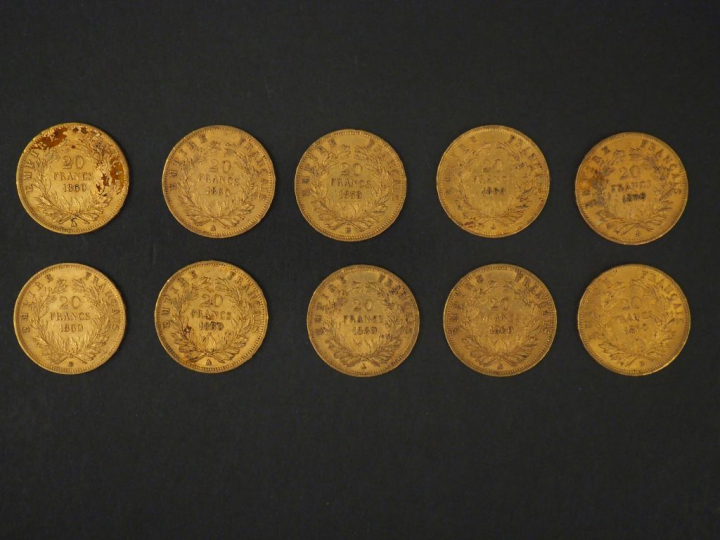 Dix pièces de 20 Francs or, 1859-BB, 1860-A (x7) et 1860-BB (x2).  FRA