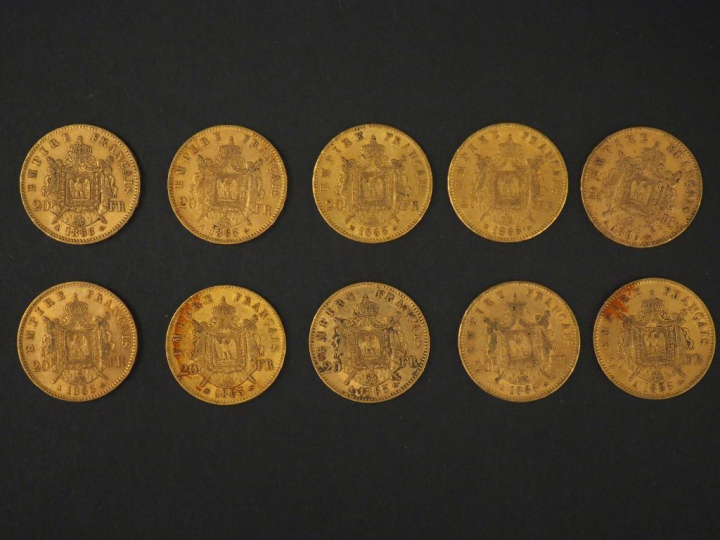 Dix pièces de 20 Francs or, 1865-A (x6), 1865-BB (x3) et 1866-A.  FRAI