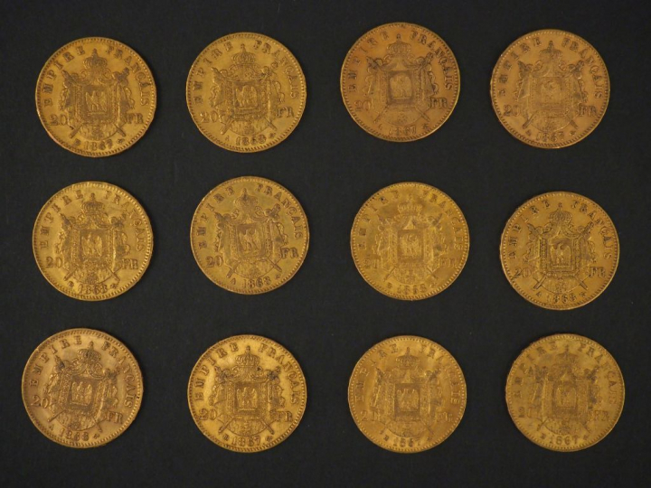 Douze pièces de 20 Francs or, 1867-A (x2), 1867-BB (x4), 1868-A (x4) e