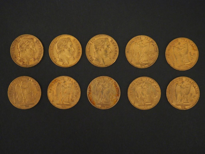 Dix pièces de 20 Francs or, 1869-A, 1869-BB (x2), 1874-A, 1875-A (x2),