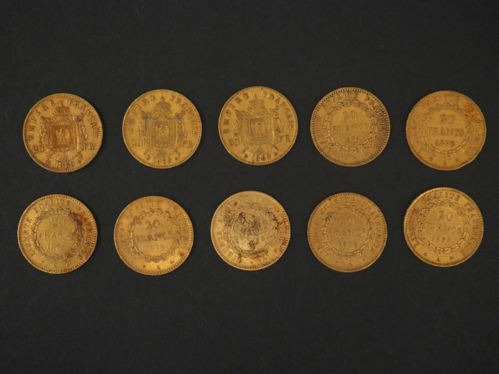 Dix pièces de 20 Francs or, 1869-A, 1869-BB (x2), 1874-A, 1875-A (x2),
