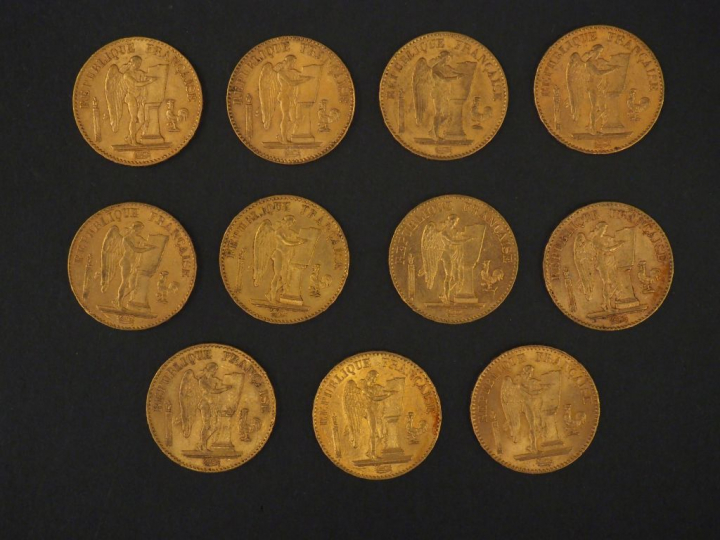 Onze pièces de 20 Francs or, 1877-A (x2), 1878-A (x5) et 1887-A (x4). 