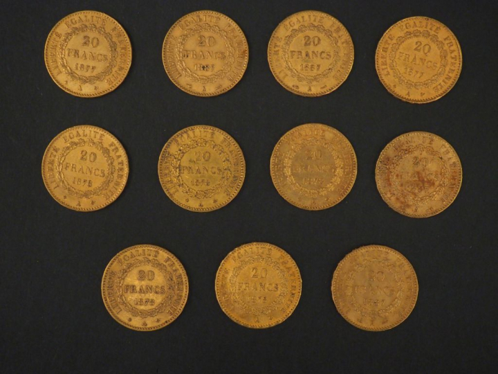 Onze pièces de 20 Francs or, 1877-A (x2), 1878-A (x5) et 1887-A (x4). 