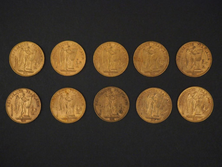 Dix pièces de 20 Francs or, 1889-A (x2), 1893-A, 1895-A (x5), 1896-A e