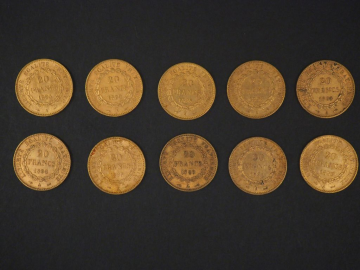 Dix pièces de 20 Francs or, 1889-A (x2), 1893-A, 1895-A (x5), 1896-A e