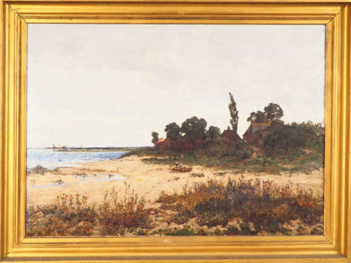 Ecole anglaise XIXème.  "Chaumière au bord de l'étang". Huile sur toil