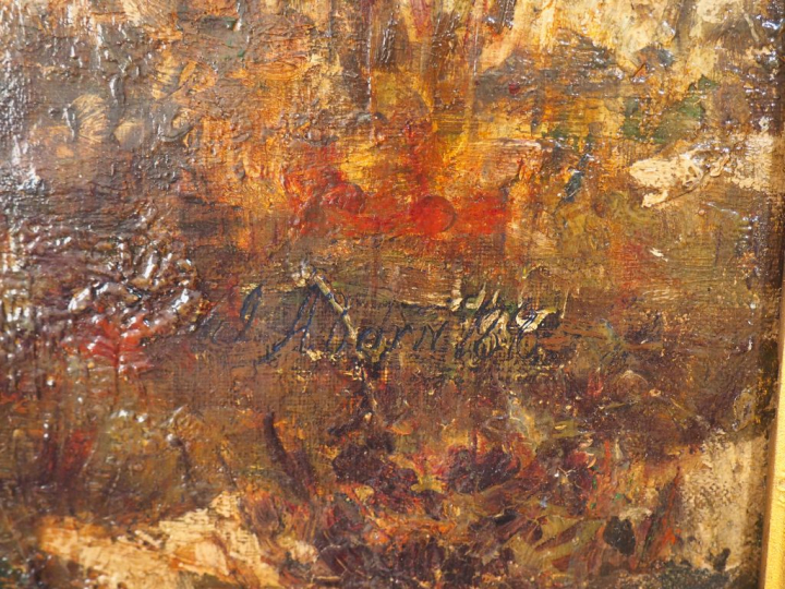 Ecole anglaise XIXème.  "Chaumière au bord de l'étang". Huile sur toil