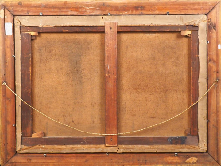 Ecole anglaise XIXème.  "Chaumière au bord de l'étang". Huile sur toil