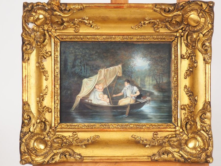 Ecole française début XIXème.  "Promenade en barque". Peinture sur car